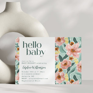 Pretty Sage Green Pink Floral Hello Baby Shower Invitation