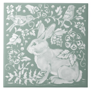 Pretty Sage Green Rabbit Bird Woodland Floral Ceramic Tile