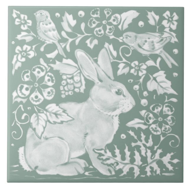 Pretty Sage Green Rabbit Bird Woodland Floral Ceramic Tile (Front)