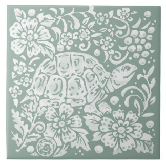 Pretty Sage Green Turtle Forest Snail Woodland  Ceramic Tile