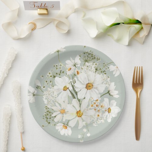 Pretty Sage Green Watercolor Floral Daisy  Paper Plates