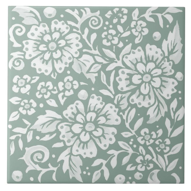 Pretty Sage Green White Floral Flower Design  Ceramic Tile (Front)
