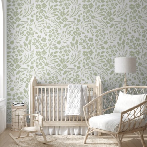 Pretty Sage Green Wildflowers Nursery Kids Room Wallpaper