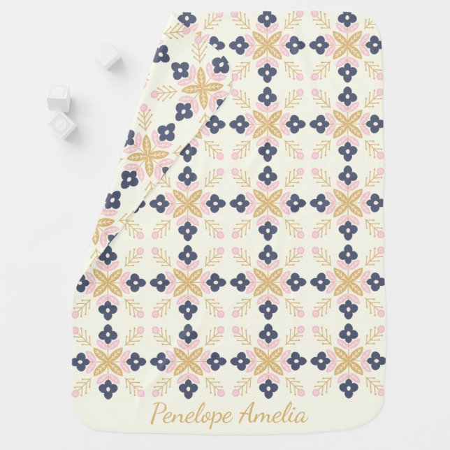Pretty Scandinavian Floral Pattern Personalized Baby Blanket (In Situ)
