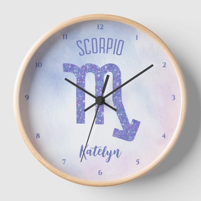 Pretty Scorpio Astrology Sign Personalized Purple Clock (Front)