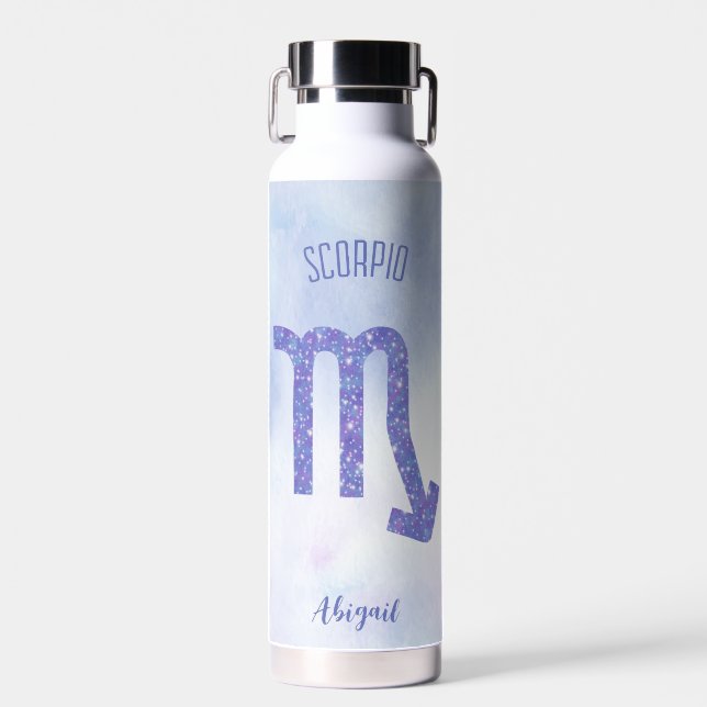 Pretty Scorpio Astrology Sign Personalized Purple Water Bottle (Front)