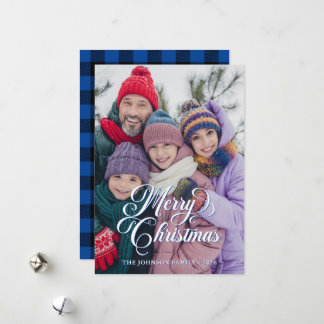 Pretty Script Black Deep Blue Buffalo Plaid Photo Holiday Card