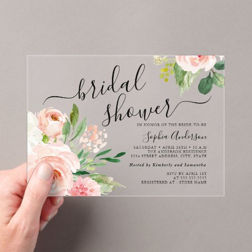 Pretty Script Blush Floral Bridal Shower Acrylic Invitations