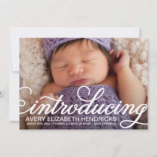 Pretty Script Overlay Photo Birth Announcement (Front)