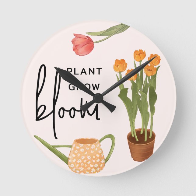 Pretty Script Plant Grow Bloom Tulip Round Clock (Front)
