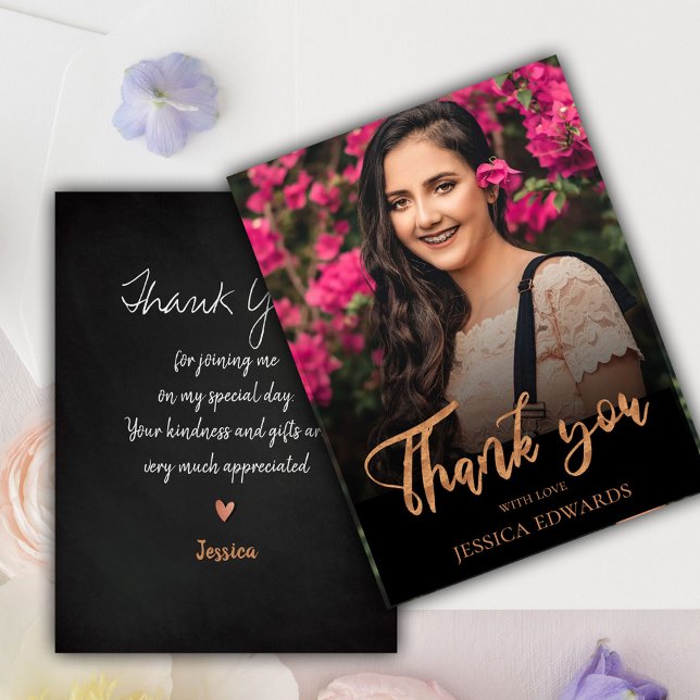 Pretty Script Rose Gold Photo Graduation Thank You Postcard (Pretty Script Rose Gold Photo Graduation Thank You Postcard)