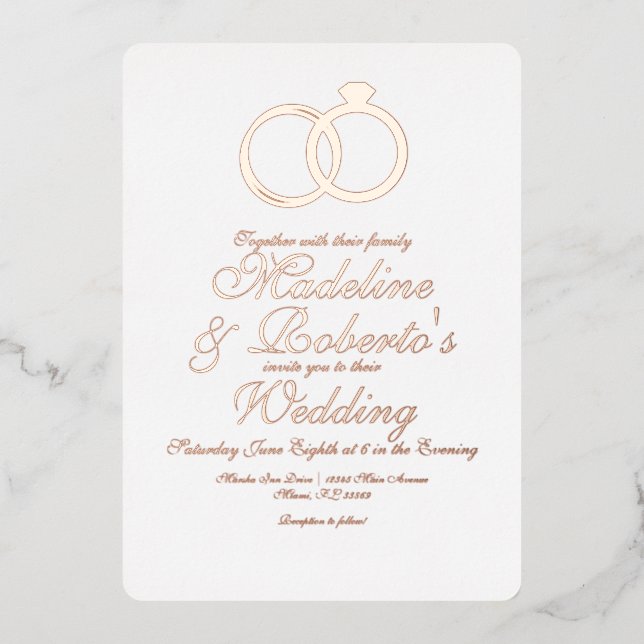 Pretty Script Rose Gold Rings Foil Pressed Wedding Invitation (Front)