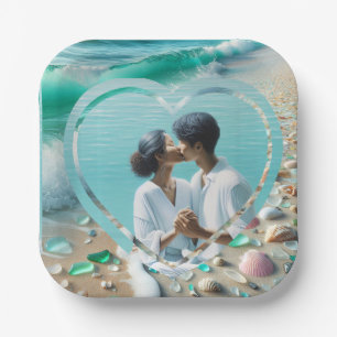 Pretty Sea Glass Photo Wedding Paper Plates