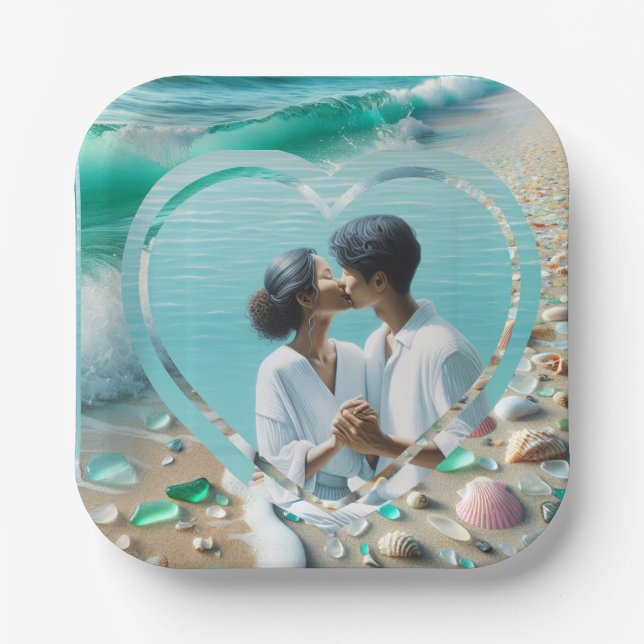 Pretty Sea Glass Photo Wedding  Paper Plates (Front)