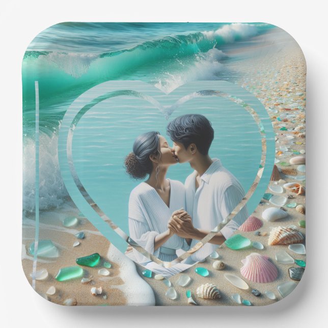 Pretty Sea Glass Photo Wedding  Paper Plates (Front)