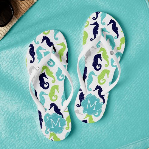 Pretty Sea Horses Pattern Monogram Flip Flops