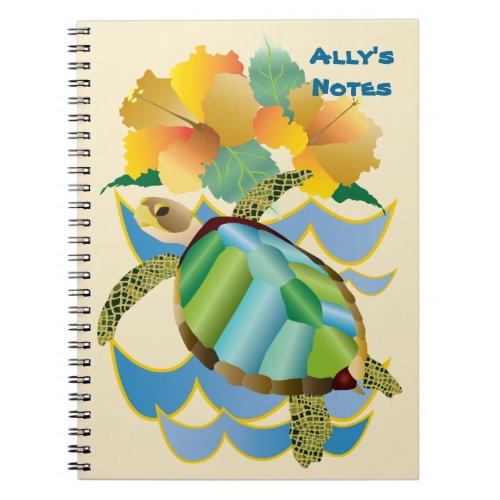 Pretty Sea Turtle Tropical Yellow Hibiscus Flowers Notebook