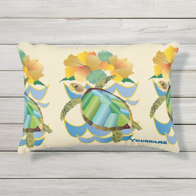 Pretty Sea Turtle Tropical Yellow Hibiscus Flowers Outdoor Pillow (Front)