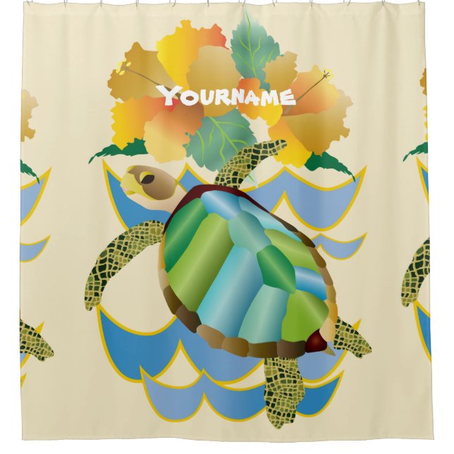 Pretty Sea Turtle Tropical Yellow Hibiscus Flowers Shower Curtain (Front)