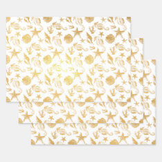 Pretty Seahorses + Starfish Sea Life Pattern Gold Foil Wrapping Paper Sheets at Zazzle