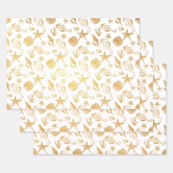 Pretty Seahorses   Starfish Sea Life Pattern Gold Foil Wrapping Paper Sheets by NauticalBoutique at Zazzle