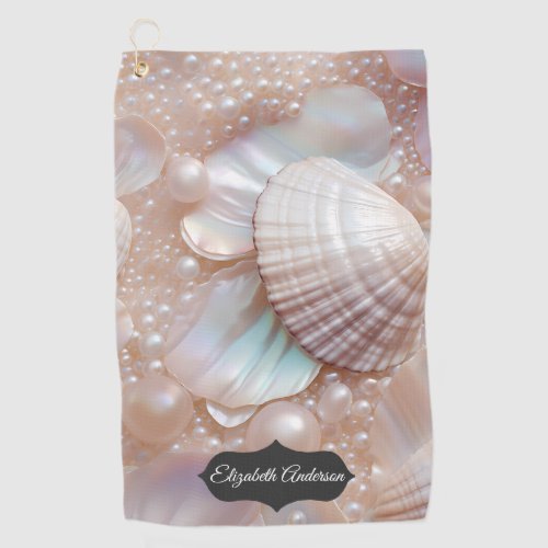 Pretty Seashell and Pearls Personalized   Golf Towel