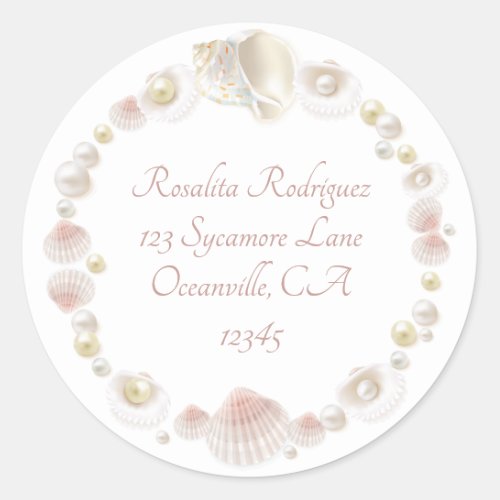 Pretty Seashells and Pearls Return Address Classic Round Sticker