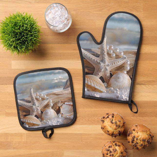 Pretty Seashells White Pearls  Driftwood Oven Mitt & Pot Holder Set (Top Down)