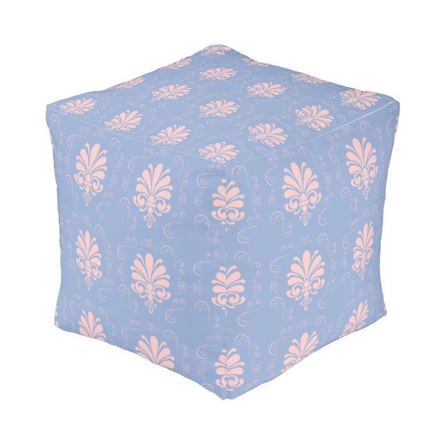 Pretty serenity and quartz damask patterned pouf (Angled Front)