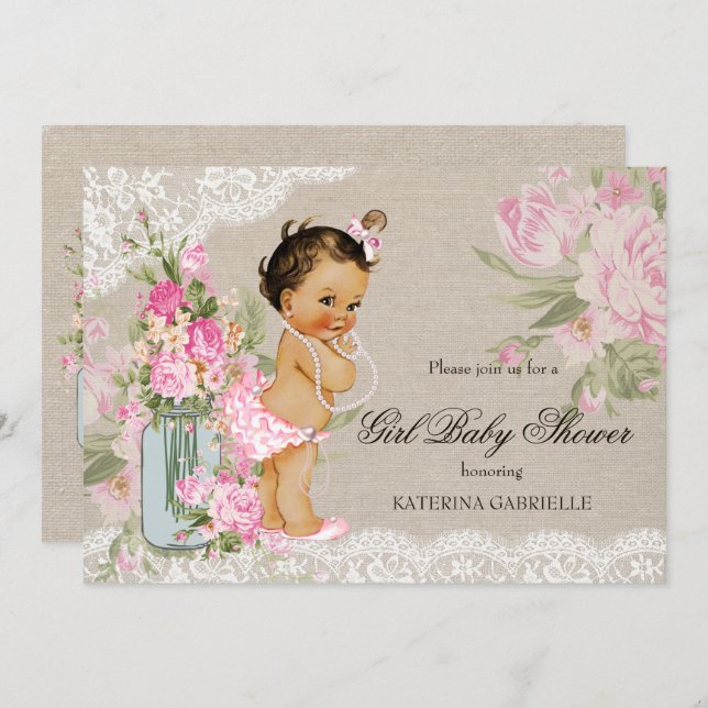 Pretty Shabby Chic Lace Floral Baby Shower Invitation (Front/Back)