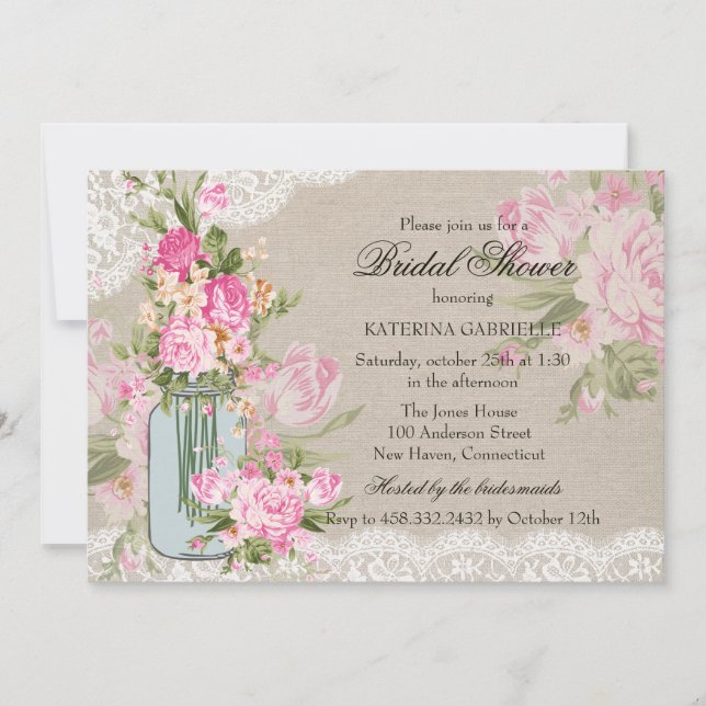 Pretty Shabby Chic Lace & Floral Bridal Shower Invitation (Front)