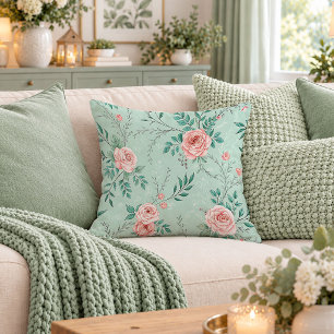 Pretty Shabby Chic Mint Pink Floral Roses Pillow