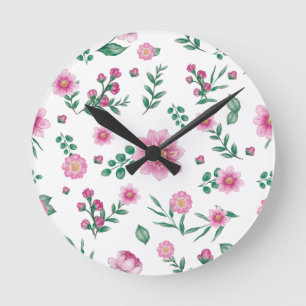Pretty Shabby Chic Pink Floral Illustration Round Clock