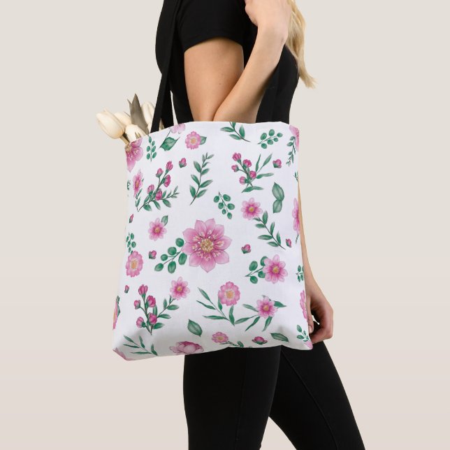 Pretty Shabby Chic Pink Floral Illustration Tote Bag (Close Up)