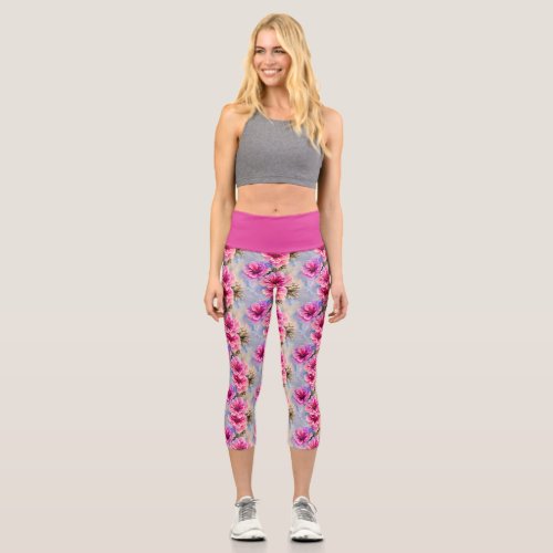 Pretty Shabby Chic Pink Flowers Floral Pattern Capri Leggings