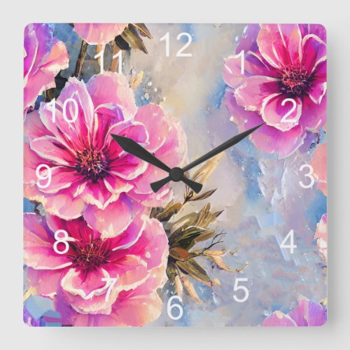 Pretty Shabby Chic Pink Flowers Floral Square Wall Clock