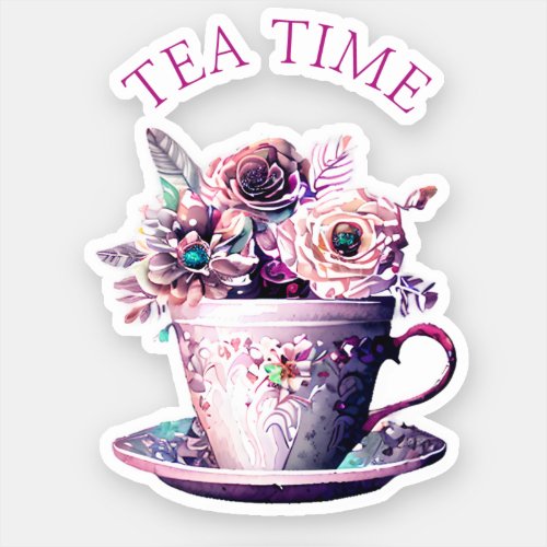 Pretty Shabby Chic Victorian Teacup Tea Time Sticker