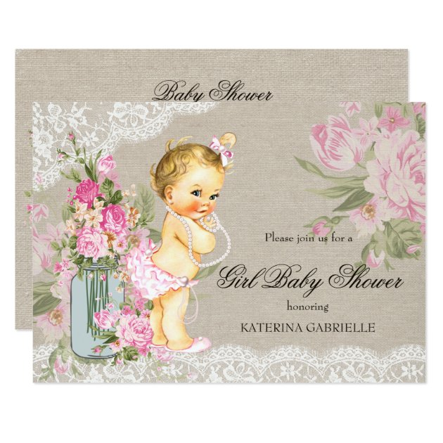 Pretty Shabby Lace Floral Girl Baby Shower Blonde Invitation