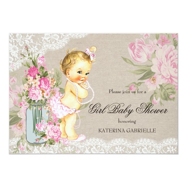 Pretty Shabby Lace Floral Girl Baby Shower Blonde Invitation