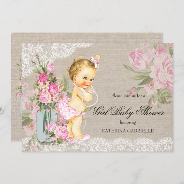 Pretty Shabby Lace Floral Girl Baby Shower Blonde Invitation (Front/Back)
