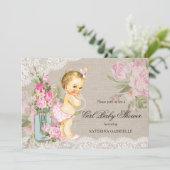 Pretty Shabby Lace Floral Girl Baby Shower Blonde Invitation (Standing Front)