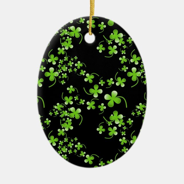 Pretty Shamrock pattern, green on black accessory Ceramic Ornament (Front)