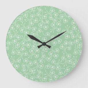 Pretty Shamrocks White Outlines, Green Wall Clock