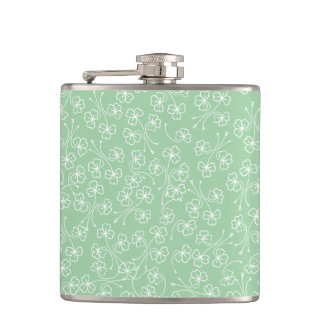 Pretty Shamrocks White Outlines on Green Hip Flask