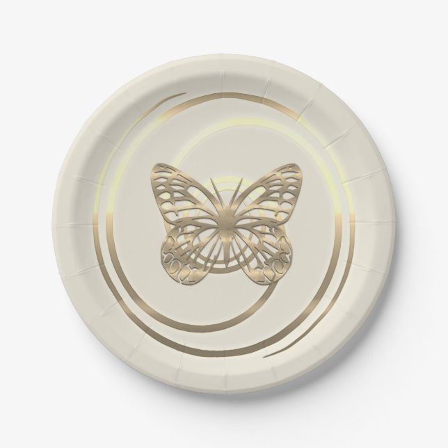 Pretty Shiny Gold Butterfly Paper Plates (Front)