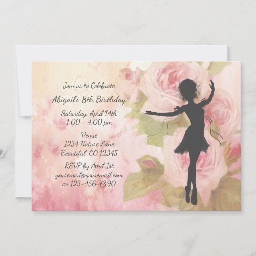 Pretty Silhouette Ballerina on Pink Roses Ballet Invitation