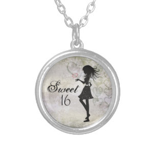 Pretty Silhouette Girl and Hearts Sweet 16 Silver Plated Necklace