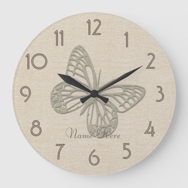 Pretty Silver Butterfly Linen Add Name Wall  Clock (Front)