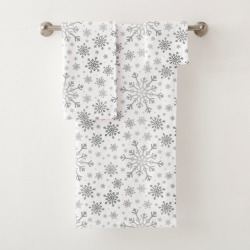 Pretty Silver Christmas Snowflakes on Winter White Bath Towel Set