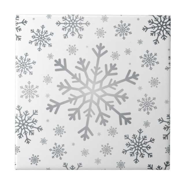 Pretty Silver Christmas Snowflakes on Winter White Ceramic Tile (Front)
